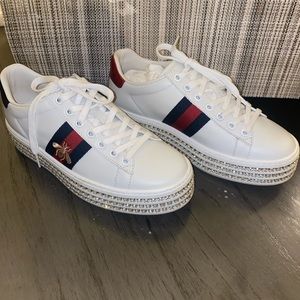 Gucci white leather crystal embellished platforms sneaker